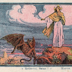 Vá embora, Satanás! – O triunfo de Jesus Mateus 4:10 – baseado em um santinho francês antigo – Impressão de arte católica
