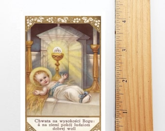 Estampa navideña n.° 14: Niño Jesús y la Eucaristía (polaca, paquete de 10/100/1000) – Ideal para rellenar calcetines navideños – Tarjeta vintage restaurada
