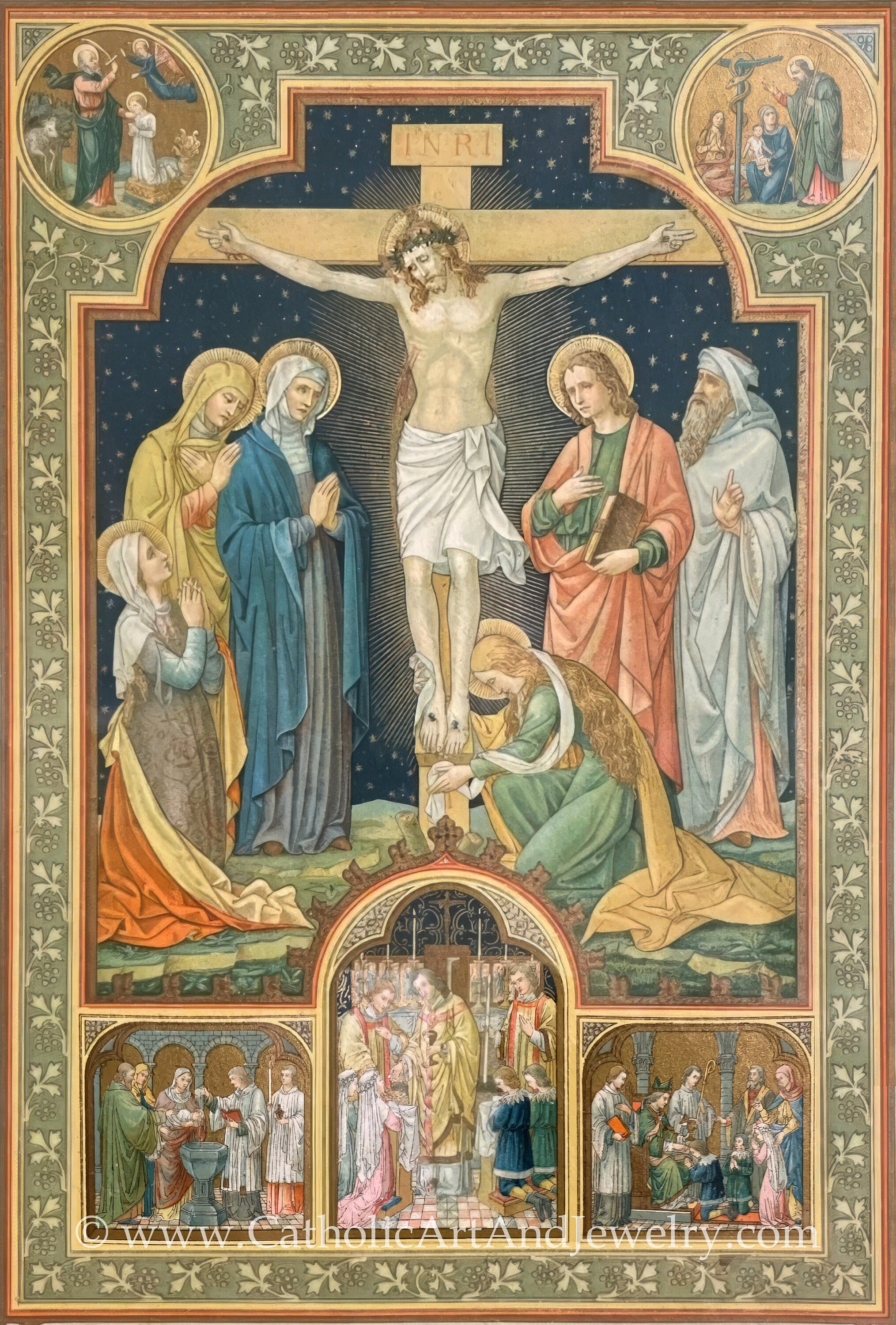 New! Crucifixion with 3 Sacraments – Early 20th Century Catholic Art – Catholic Gift – Archival Quality