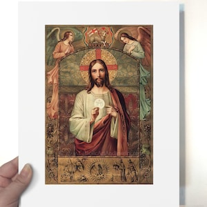 Jesus Holding the Eucharist / First Communion Gift / Vintage Catholic Art Print Archival Quality 8.5x11" unframed