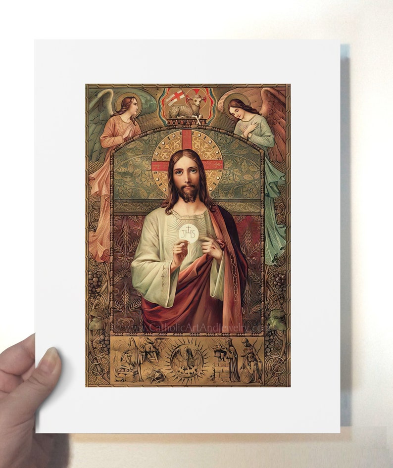 Jesus Holding the Eucharist / First Communion Gift / Vintage Catholic Art Print Archival Quality 8.5x11" unframed