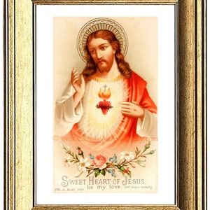 Sacred Heart of Jesus Sweet Heart of Jesus based on a Vintage American Holy Card Catholic Art Print Archival Catholic Gift 5x7 Gold Frame