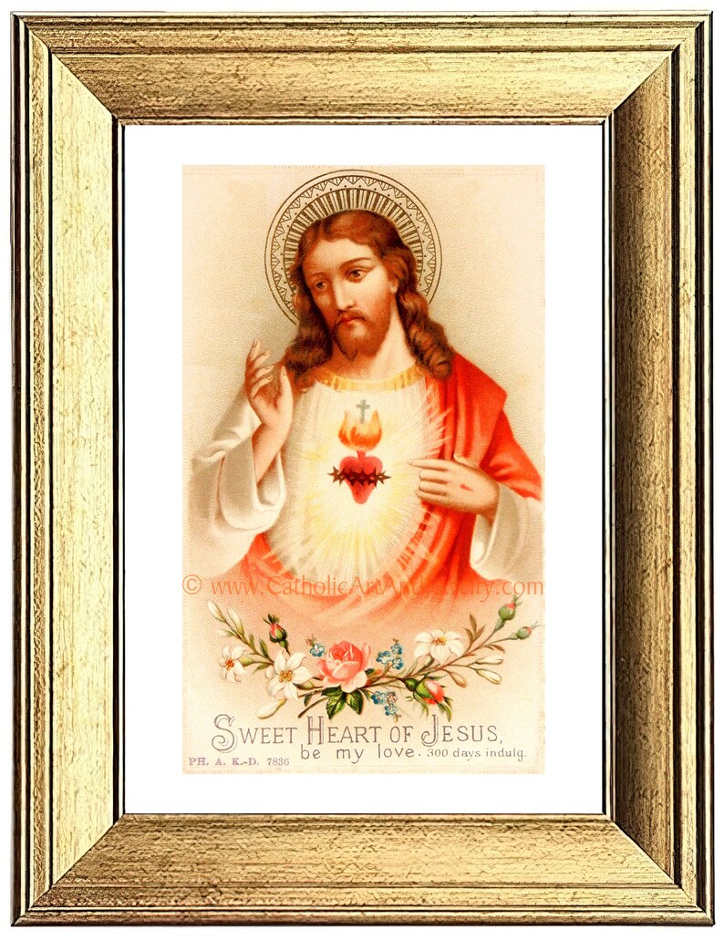 Sacred Heart of Jesus Sweet Heart of Jesus based on a Vintage American Holy Card Catholic Art Print Archival Catholic Gift 5x7 Gold Frame