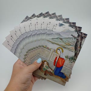 Nieuw! Chinese kerstaanbidding / Jezus en Maria – Heilige kaart van 4 x 6 – verpakking van 3, 10 of 100 – gebaseerd op een vintage Chinees katholiek schilderij