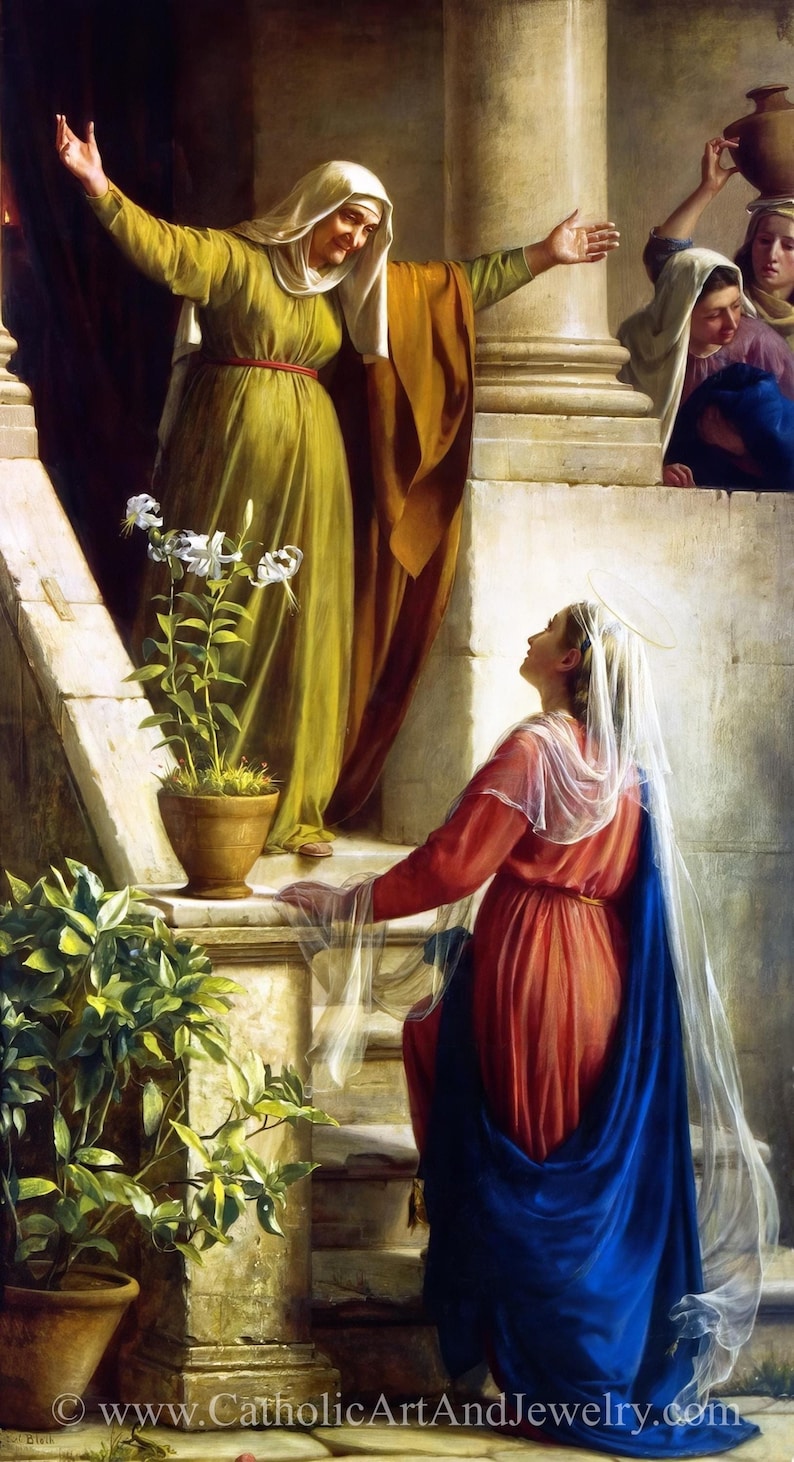 May include: A painting depicting a scene from the Bible. A woman in a yellow robe and a white veil is reaching out to a woman in a red and blue robe with a white veil. The woman in the red and blue robe is kneeling on a step. There are white flowers in a pot on the left side of the painting.