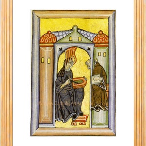Pu&ograve; includere: Un'illustrazione di manoscritto medievale che raffigura due figure in un portale. La figura a sinistra &egrave; una donna con un'aureola, che tiene un libro. La figura a destra &egrave; un uomo con un'aureola, che tiene un rotolo. Lo sfondo &egrave; un mosaico giallo e dorato.