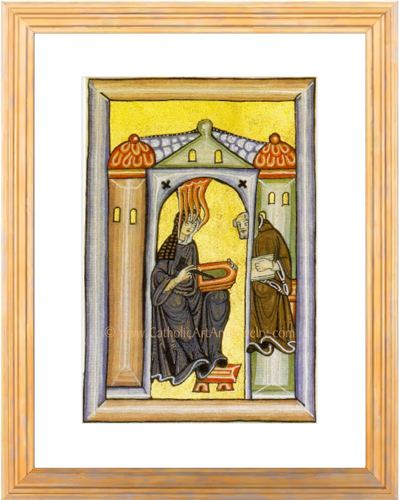 Pu&ograve; includere: Un'illustrazione di manoscritto medievale che raffigura due figure in un portale. La figura a sinistra &egrave; una donna con un'aureola, che tiene un libro. La figura a destra &egrave; un uomo con un'aureola, che tiene un rotolo. Lo sfondo &egrave; un mosaico giallo e dorato.