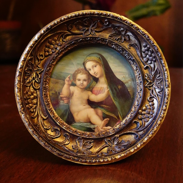 ¡Nuevo! Virgen con el Niño – de Giulio Licinio – Enmarcado 10,8 x 10,8 cm