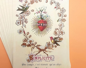 Könnte beinhalten: Ein Stapel alter religiöser Karten mit einem Blumendesign und einem Herz mit einer Krone. Der Text auf der Karte lautet "Ce que Marie veut de moi" und "Simplicité. Etre simple, c'est n'avoir qu'un objet: Dieu seul." Der untere Teil der Karte lautet "E. Bouasse Jeune 3367 Place St. Sulpice, 12, Paris."