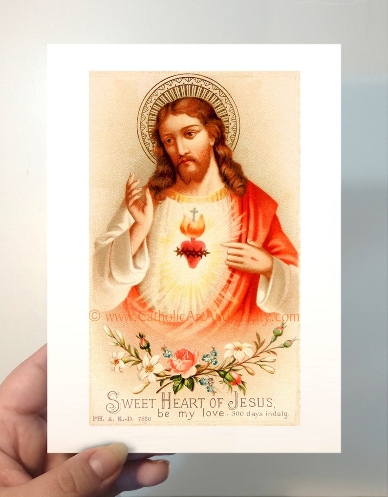 Sacred Heart of Jesus Sweet Heart of Jesus based on a Vintage American Holy Card Catholic Art Print Archival Catholic Gift 5x7 unframed