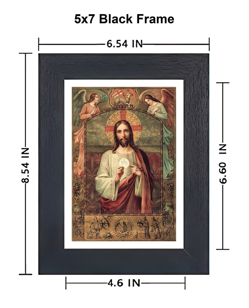 Jesus Holding the Eucharist / First Communion Gift / Vintage Catholic Art Print Archival Quality 5x7" Black Frame