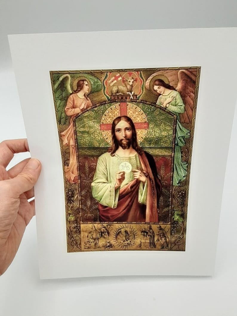 Jesus Holding the Eucharist / First Communion Gift / Vintage Catholic Art Print Archival Quality zdjęcie 2