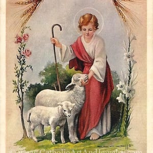 ¡Novedad! El joven pastor – Niño Jesús – basado en una estampa antigua – Hermosa impresión artística católica – Calidad de archivo