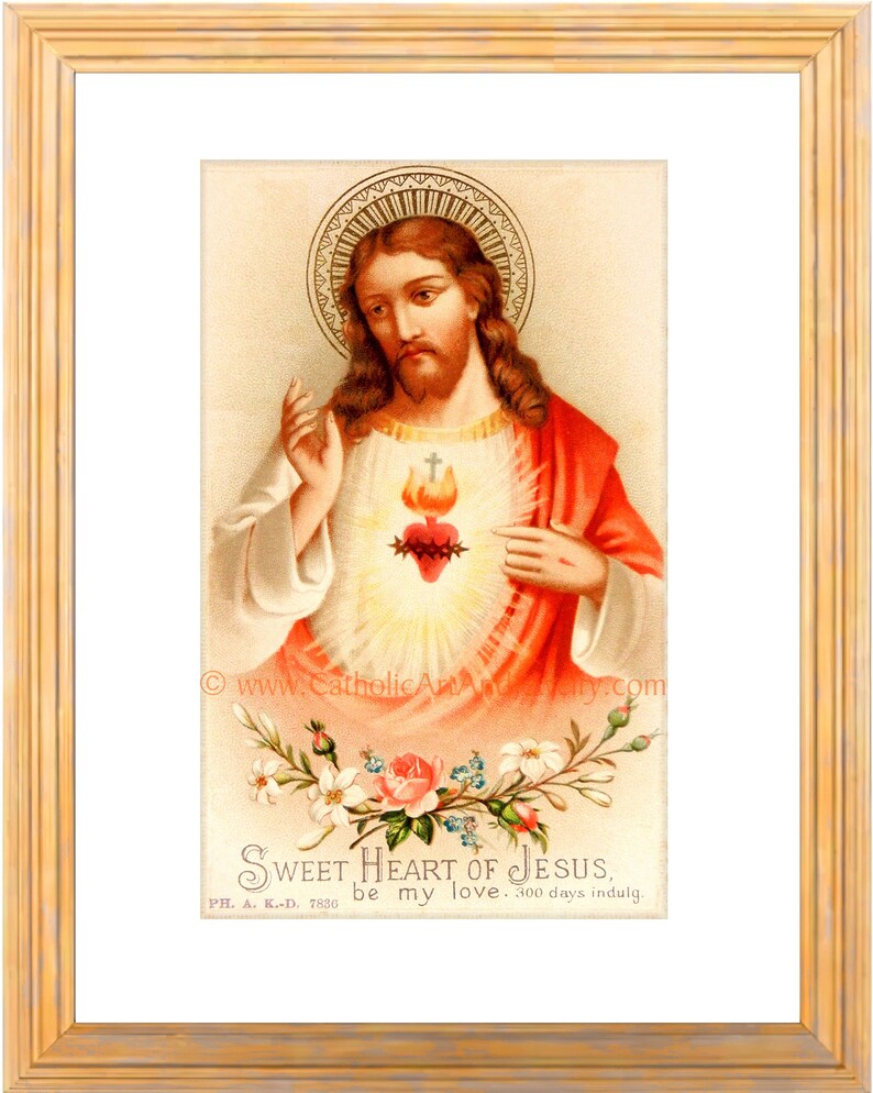 Sacred Heart of Jesus Sweet Heart of Jesus based on a Vintage American Holy Card Catholic Art Print Archival Catholic Gift 8.5x11 Gold Frame