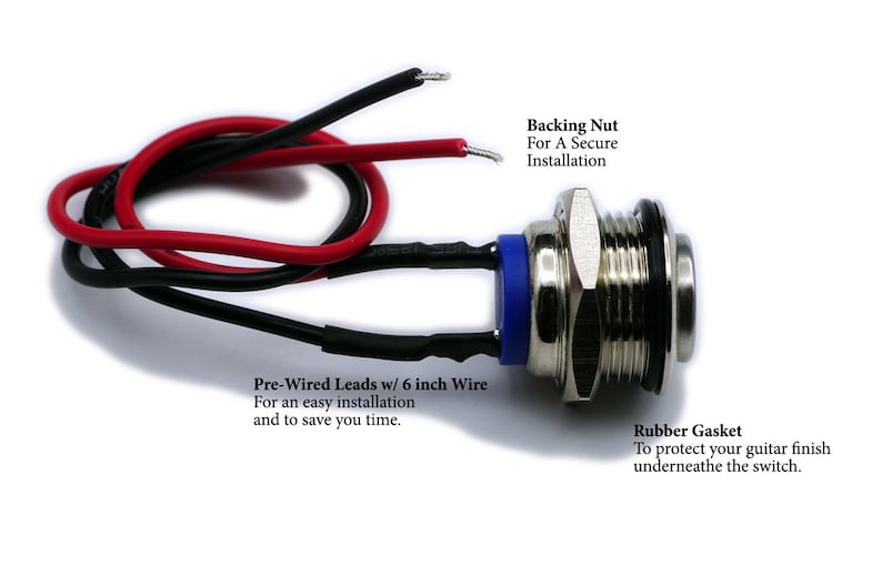 Puede incluir: Un interruptor de bot&oacute;n pulsador plateado con una junta de goma negra y un aislante de pl&aacute;stico azul. El interruptor est&aacute; precableado con cables de 15 cm. El interruptor incluye una tuerca de respaldo para una instalaci&oacute;n segura.