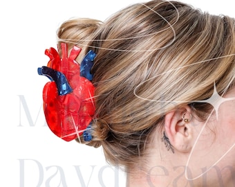 May include: A red and blue heart-shaped hair clip. The clip is attached to a bun of blonde hair. The image has the text "Daydreams Co." in the lower left corner.