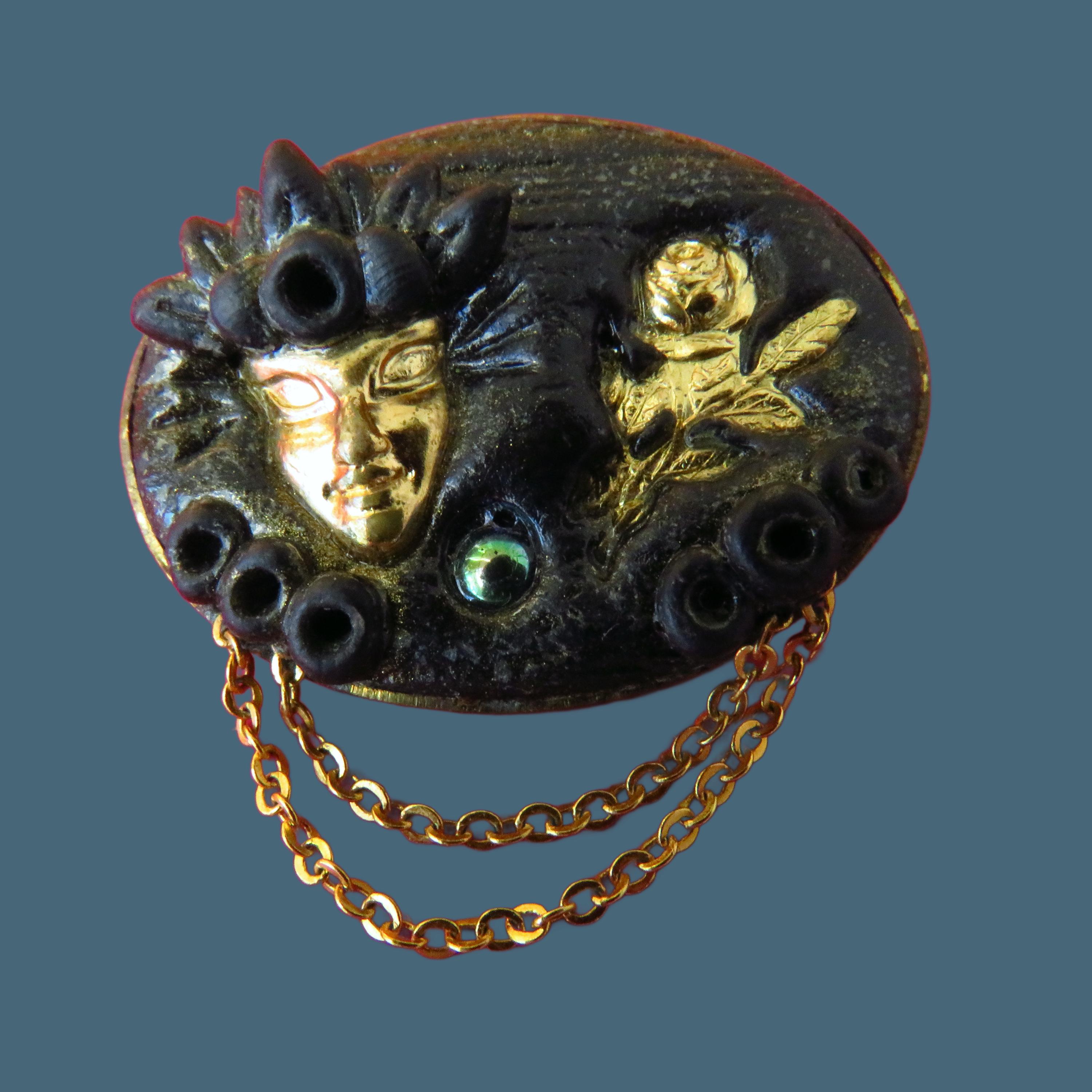 Broche Vintage En Bois Marqueté, Motif Masque, Sans Marque, état Correct