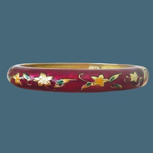 Vintage Jiu Long Xing paarse scharnierende armband, gouden cloisonné-stijl stevige armband met bloemen, jaren 80 Aziatisch geïnspireerde sieraden