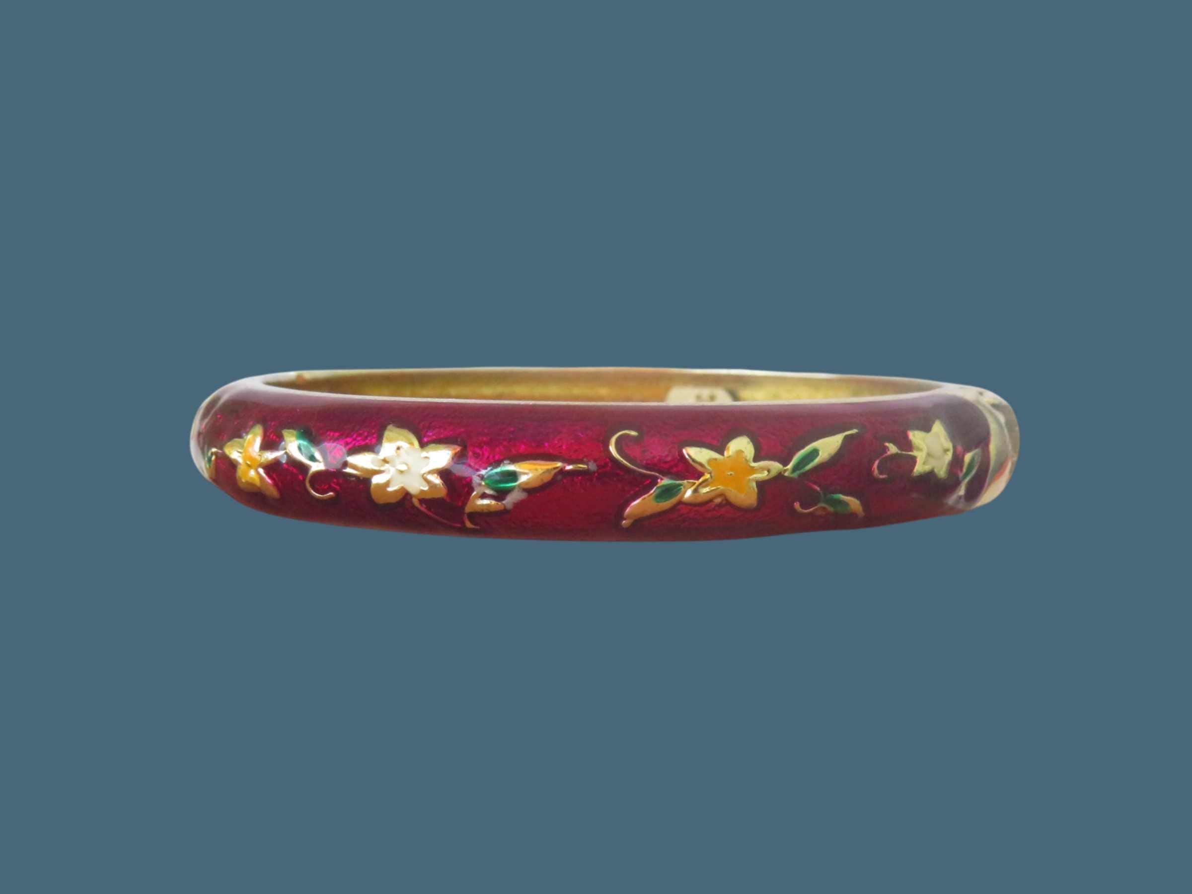 Vintage Jiu Long Xing Purple Enamel Hinged Bangle Bracelet, Gold