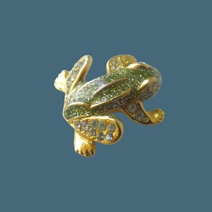 Vintage 1980s Green Glitter Frog Brooch, Gold Tone Enamel Lapel Scatter Pin