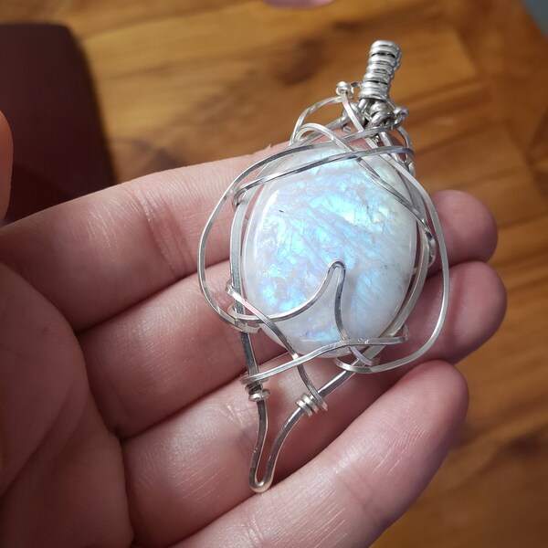 Rainbow moonstone wire wrapped elven pendant