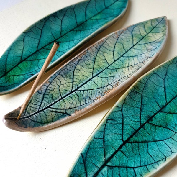 Ceramic Avocado Leaf Incense Holder, Green, Blue Crackle Glaze, Handmade Incense Stick Burner UK