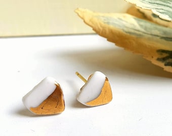 White Porcelain & 24k Gold Lustre Earrings, Minimalist Geometric Studs with Gold Plated Pin, Handmade in UK