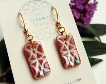 Porcelain Dangle Earrings, Quirky Geometric Pink Pattern, Iridescent, Light Weight with Gold Plated Wire and gift bag