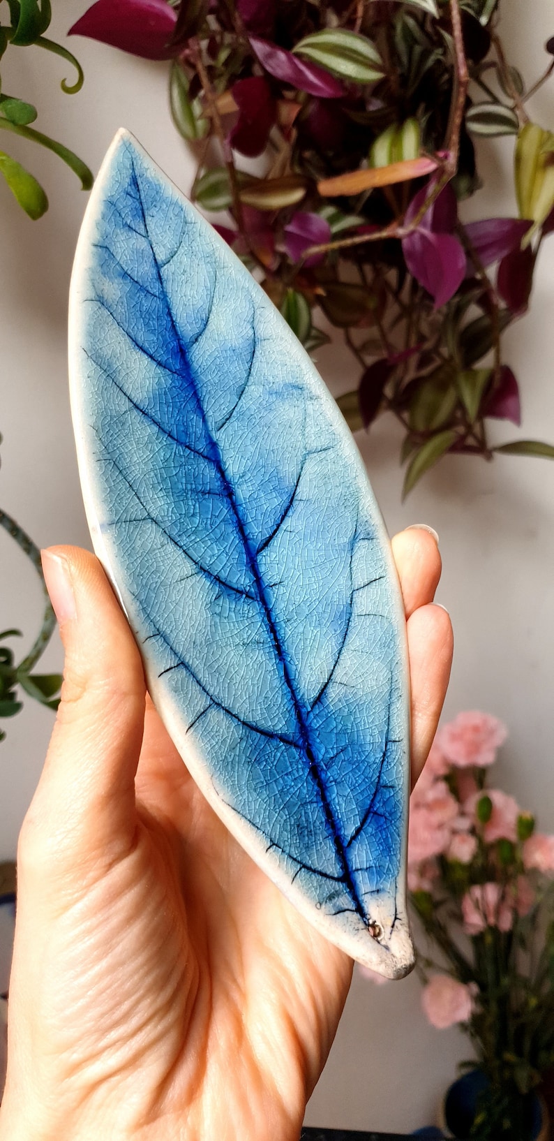 Ceramic Avocado Leaf Incense Holder, Green, Blue Crackle Glaze, Handmade Incense Stick Burner UK Blue