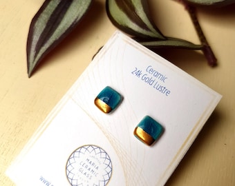 Oriental Blue Ceramic Studs With 24k Gold Lustre, Tiny Crackle Glaze Earrings with Gold Plated Pin, Handmade in UK, Gift for Her.