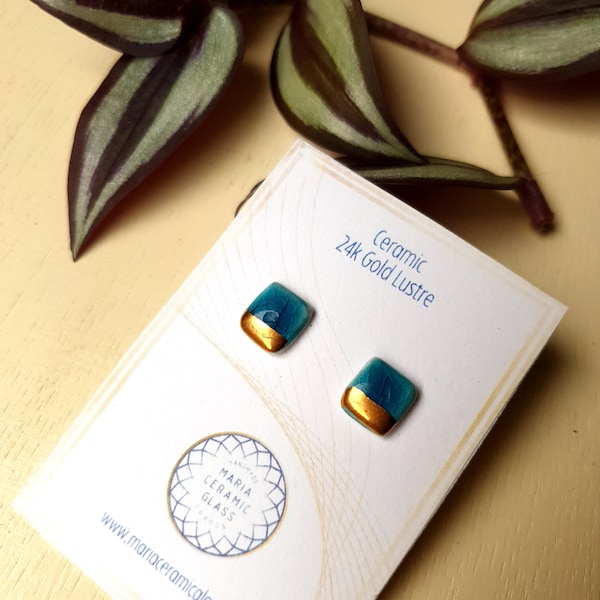 Oriental Blue Ceramic Studs With 24k Gold Lustre, Tiny Crackle Glaze Earrings with Gold Plated Pin, Handmade in UK, Gift for Her.