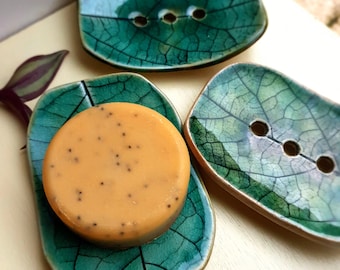 Avocado Leaf Soap Dish: Green Ceramic Crackle Glass, Handmade