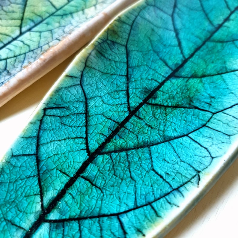 Ceramic Avocado Leaf Incense Holder, Green, Blue Crackle Glaze, Handmade Incense Stick Burner UK Darker/No hole