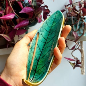 Ceramic Avocado Leaf Incense Holder, Green, Blue Crackle Glaze, Handmade Incense Stick Burner UK image 6