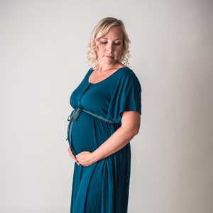 Teal, bamboo knit labor and postpartum gown. Made in Canada. Hospital gown. Lounge kaftan. House dress. Cesarean friendly.