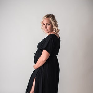 Black, bamboo knit labor and postpartum gown. Made in Canada. Hospital gown. Lounge kaftan. House dress. Cesarean friendly.