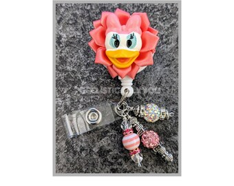 Pink duck character | satin flower badge reel | swivel clip | handmade beaded charms badge holder | badge reel | character inspired