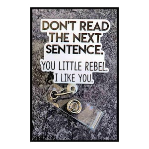 May include: A badge reel with a clear plastic holder and a metal clip. The text on the badge reel says, "DON'T READ THE NEXT SENTENCE. YOU LITTLE REBEL. I LIKE YOU!" The background is a dark gray, textured surface.
