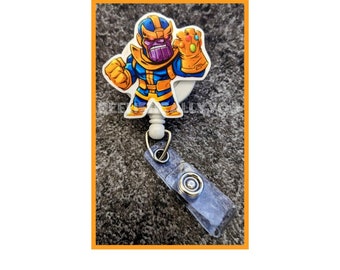 Badge Reel | Badge holder | Superheroes mean man | Lanyard | purple villian gold glove | stone jewels man | man reel | Get beads added!