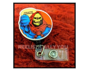 Badge Reel | Badge holder | Skeleton villian | Lanyard | Retro cartoon Character reel | disapprove | man cartoon  | ADD beads!