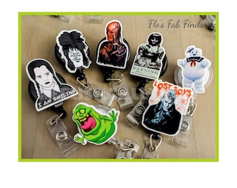 Badge Reel | Badge holder | Lanyard | Assorted Halloween | horror theme movies| ghost | comedy horror movie | scary | undead | ADD beads!