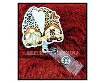 Badge Reel | Badge holder | Leopard  gnomes | swivel reel | Lanyard | garden gnomes double | gnome couple | Get beads added!