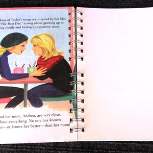 May include: A children's book illustration shows two women at a table, one wearing a black beret and the other with a red scarf. Text on the left page describes the relationship between Taylor and her mom. The right page is blank.