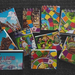 4 Candy Land Game Board Mini Notebooks, Upcycled game board, notebook, junk journal, gamer gift, unique gift, party favor