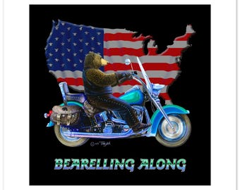 Bear Riding a Harley Motorcycle Fine Art Print ( 12"h x 12"w image)