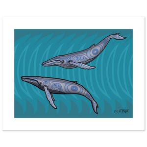 Illustrazione di una balena megattera del poster totem del nord-ovest, un'immagine in stile nativo americano, un regalo per gli amanti delle balene, un'immagine di 12" di altezza x 16" di larghezza su carta per belle arti.