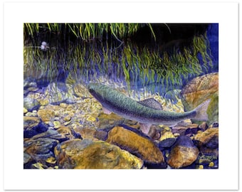Könnte beinhalten: Ein Aquarellbild eines Bachforellen, das in einem Bach schwimmt. Die Forelle ist hellbraun mit dunklen Flecken. Der Bach ist klar und flach, mit Steinen und Kieselsteinen am Grund. Das Wasser kräuselt sich und an den Ufern wachsen grüne Pflanzen.