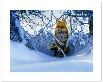 Red Fox in Snowy Winter Forest Landscape Watercolor Fine Art Print (12"h x 16"w image)