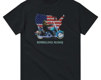 Bear Riding a Harley Motorcycle with "Bearreling Along" Text Fine Art T-shirt