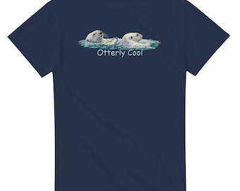 Two Sea Otters with "Otterly Cool" Text Fine Art Cotton T-Shirt